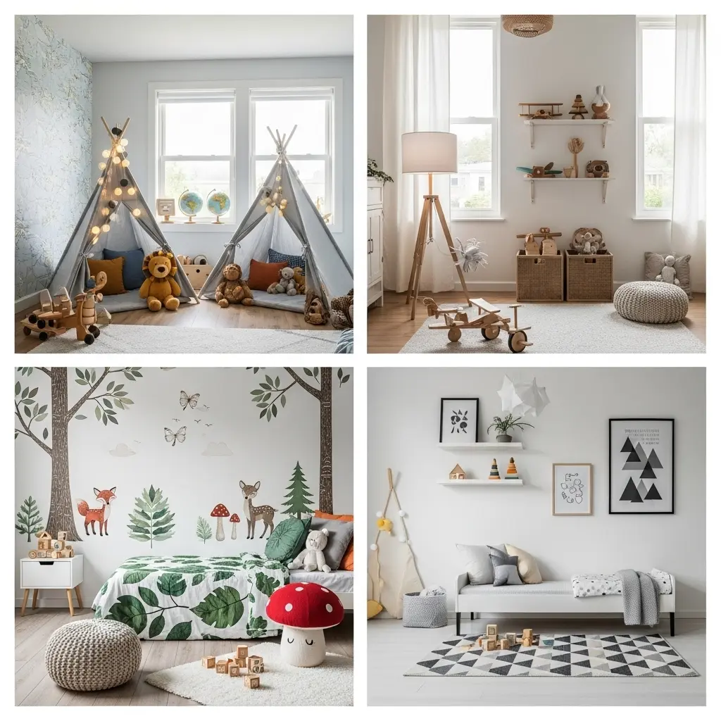 Kids’ bedroom decorated with cute wall art, rugs, and cozy lighting