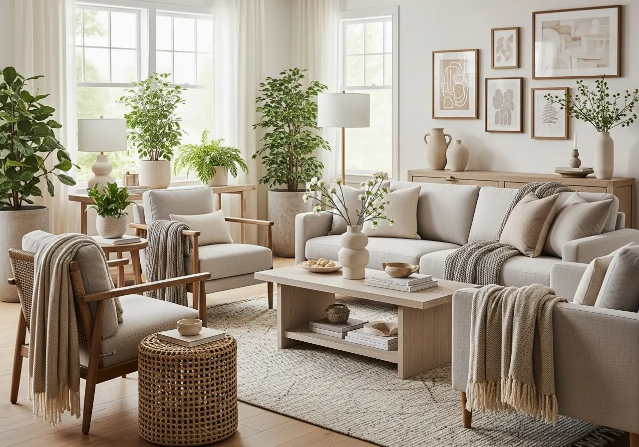 Stylish home interior design with soft beige furniture, wooden flooring, natural sunlight, and indoor plants creating a warm, minimalist living room.