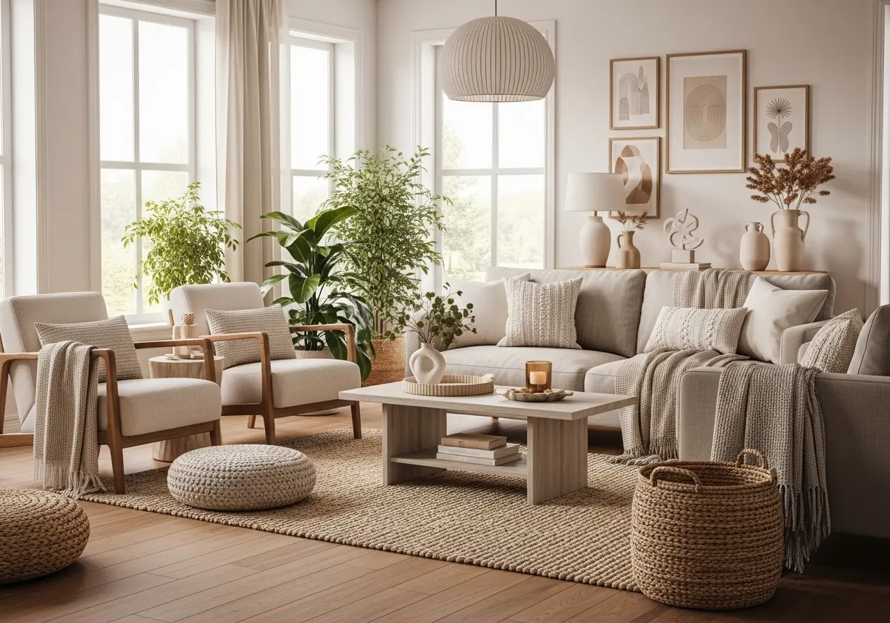 Modern home interior design featuring a cozy living room with neutral furniture, indoor plants, wooden flooring, and soft natural light.