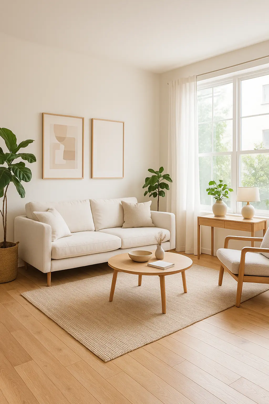 Elegant home interior design with modern furniture, soft neutral colors, wooden flooring, and natural light creating a cozy, stylish living room atmosphere.