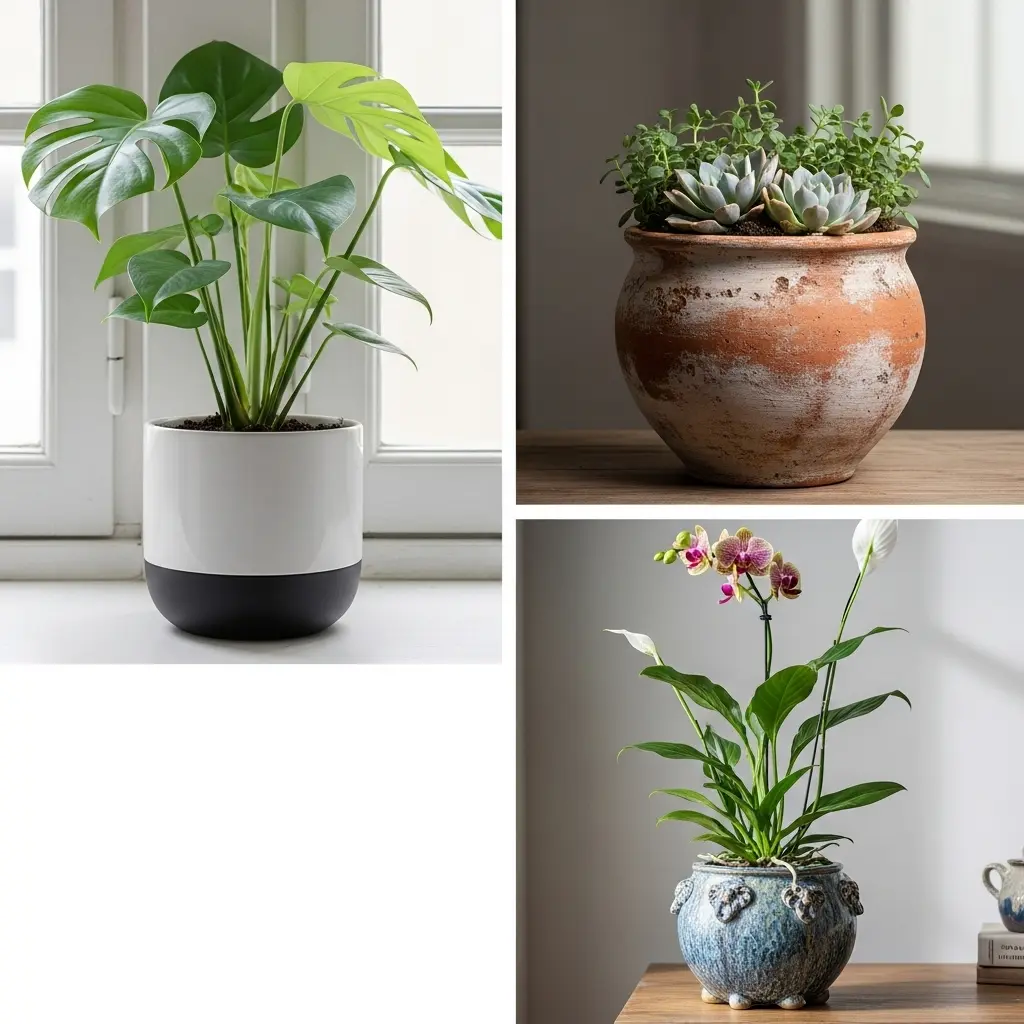 Decorative indoor plant pots in a cozy living room setting