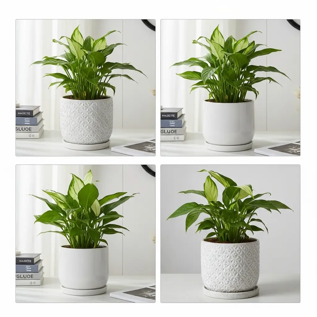 Modern indoor plant pots with greenery on a wooden shelf