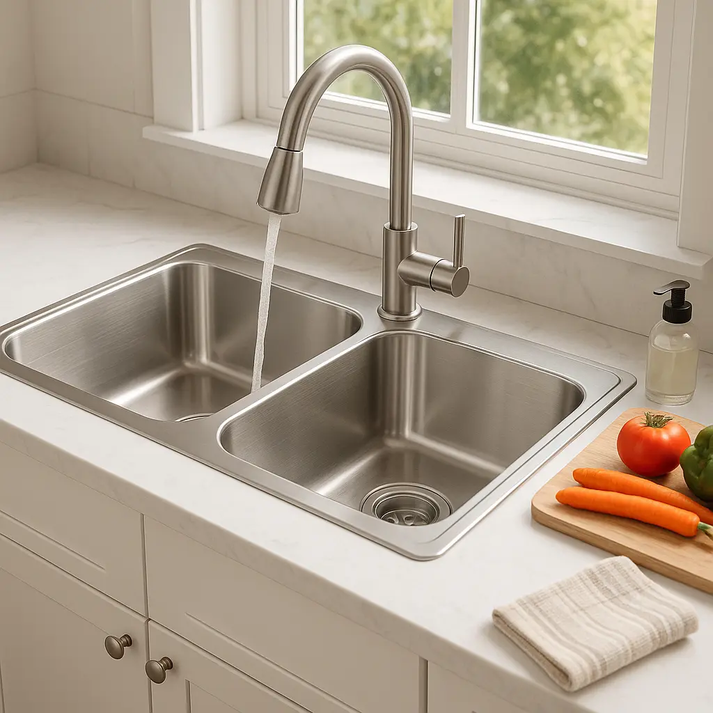 Stylish stainless steel double bowl kitchen sink with chrome faucet on a white marble countertop, modern kitchen setup with bright natural lighting.