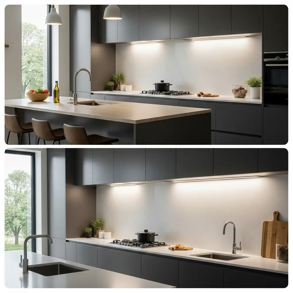 Modern kitchen with LED under-cabinet lighting for bright workspace