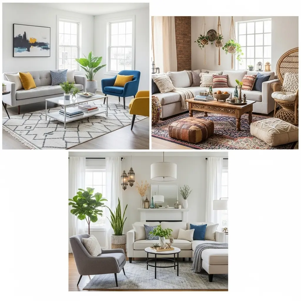 Contemporary living room setup with minimalist furniture and soft lighting