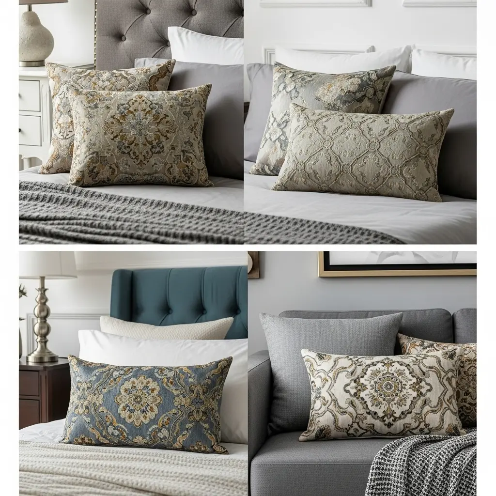 Luxury throw pillows on a modern sofa with elegant textures