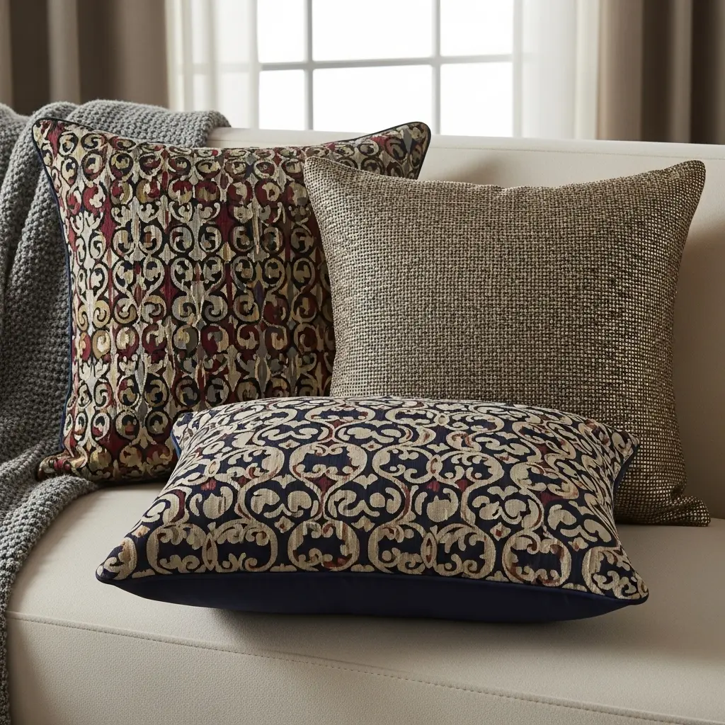 Luxury throw pillows on a modern sofa with elegant textures