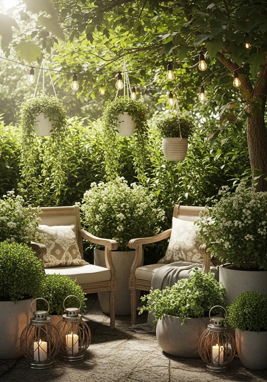 Charming outdoor garden decor with cozy seating, plants, and lights creating a relaxing natural paradise.