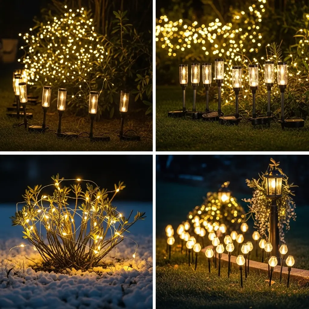 String of solar-powered fairy lights illuminating backyard decor