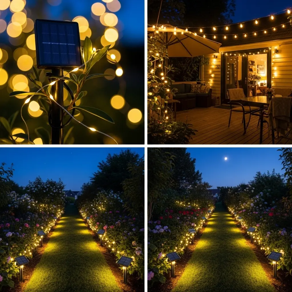 Outdoor garden decorated with solar fairy lights at night