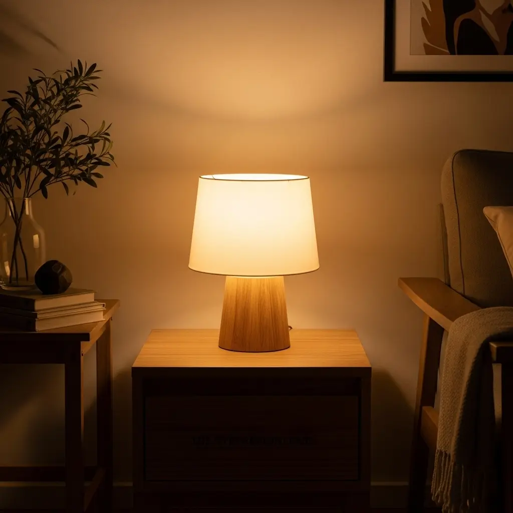 Warm light table lamp on a wooden side table emitting a soft golden glow, creating a cozy and relaxing ambiance in a modern living room.