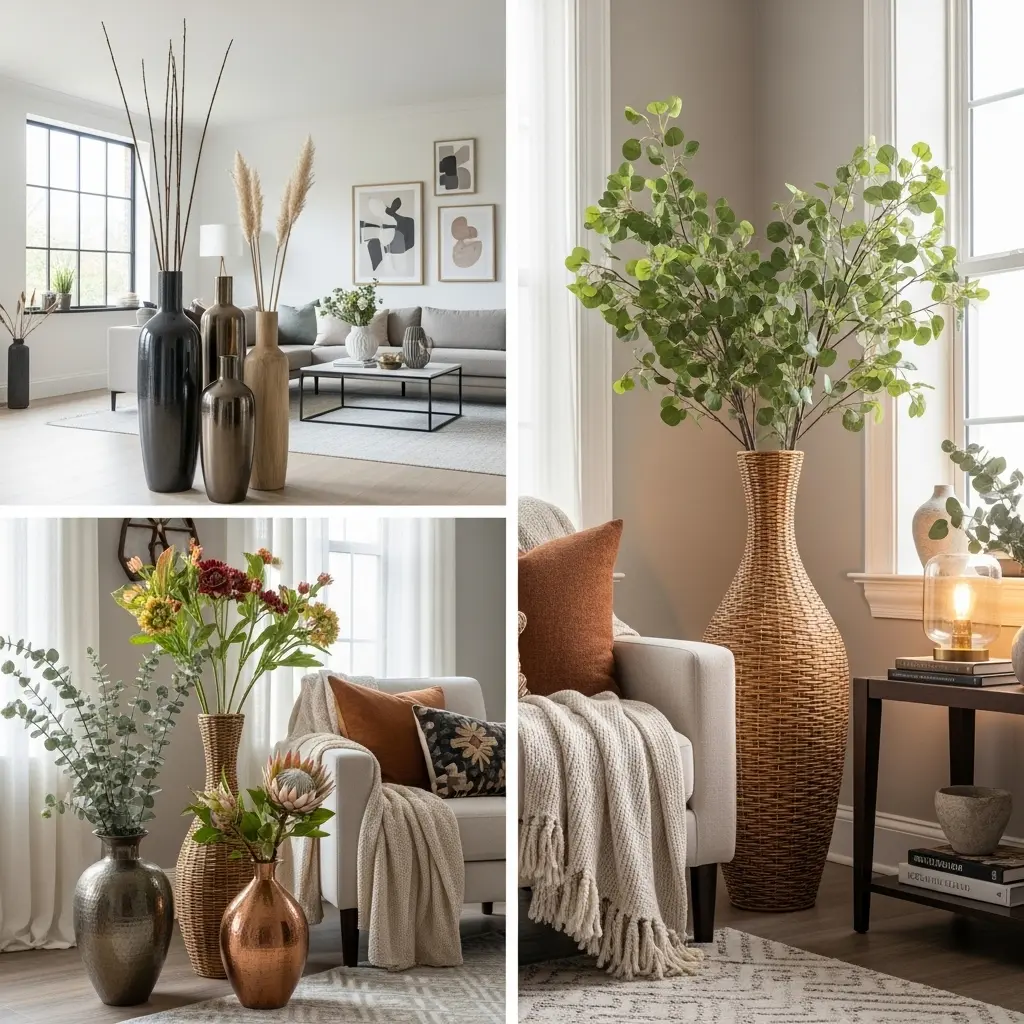 Elegant tall floor vases enhancing modern living room décor