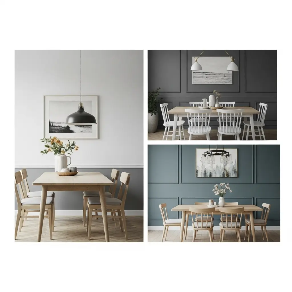 Elegant dining room walls with modern artwork and warm lighting