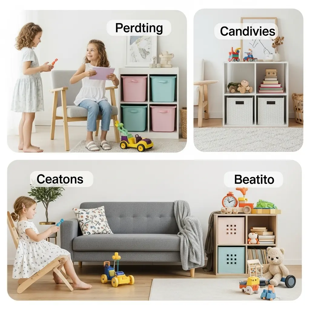 Modern living room with toy organizers and decorative storage boxes