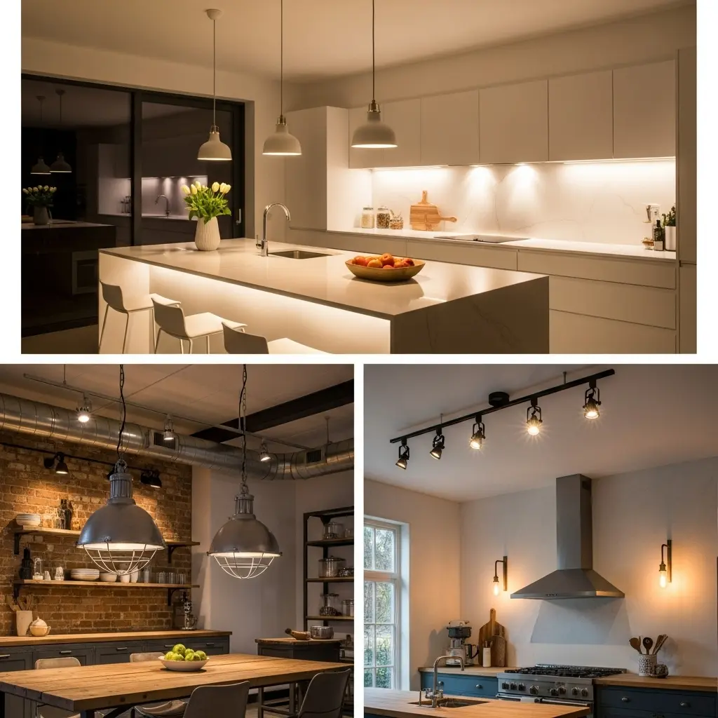 Modern kitchen with pendant and under-cabinet lighting