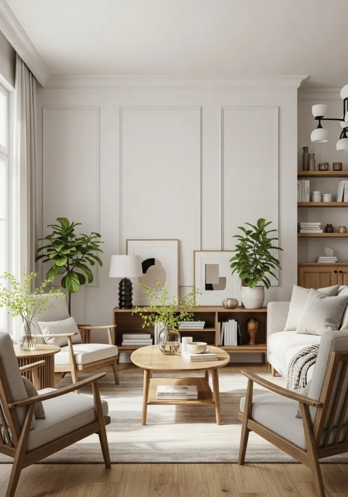 Modern living room featuring off white paint colors with cozy furniture, sunlight, and plants for a warm, elegant look.