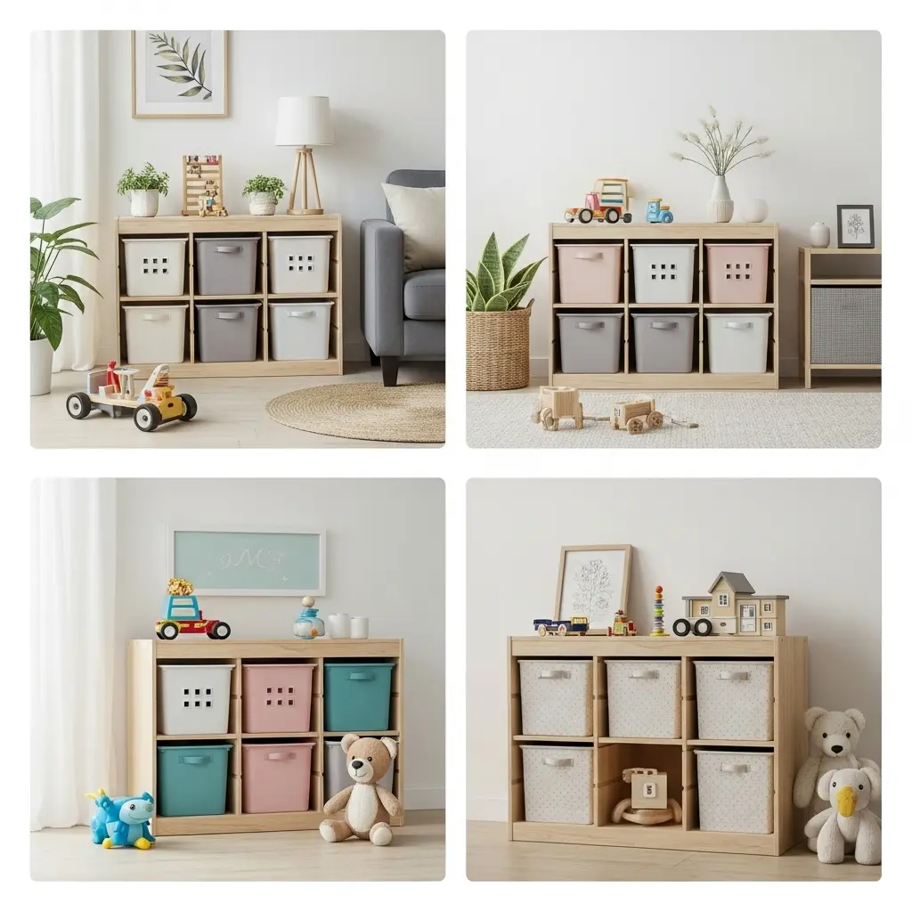 Stylish living room with hidden toy storage baskets and shelves