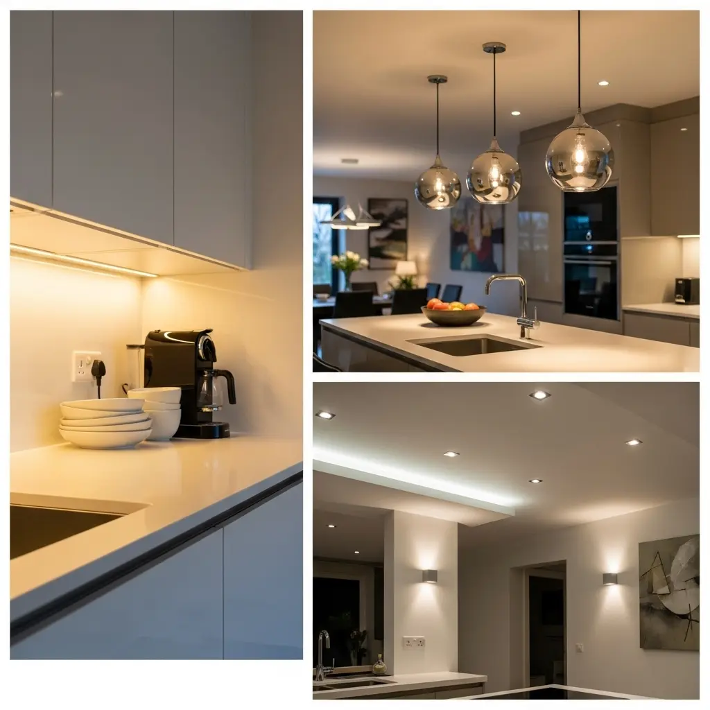 Contemporary kitchen design with layered lighting and warm tones