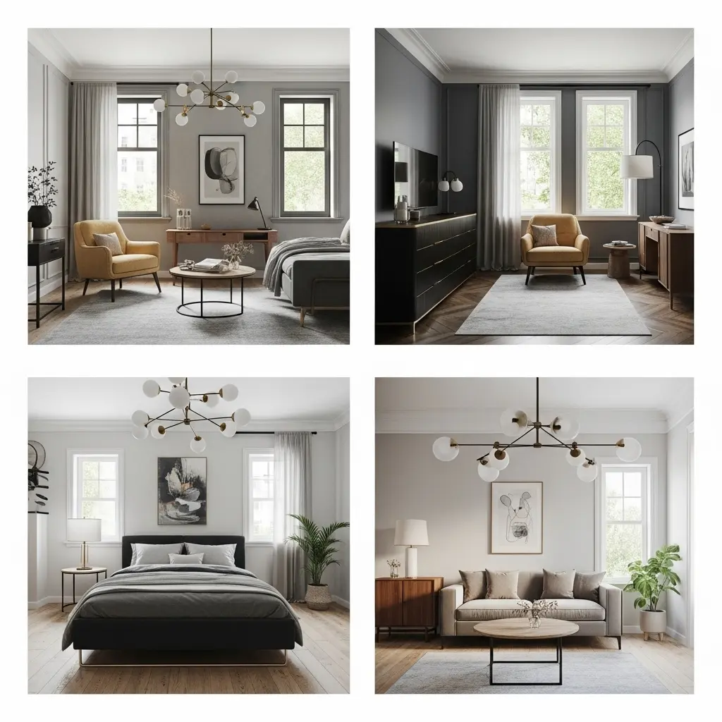 3D interior room design showcasing furniture and lighting setup