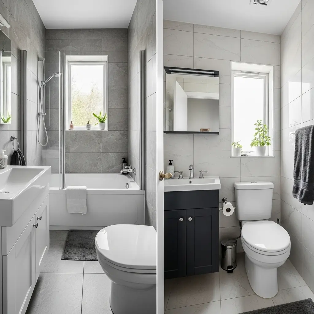 Compact bathroom remodel with minimalist fixtures and bright lighting
