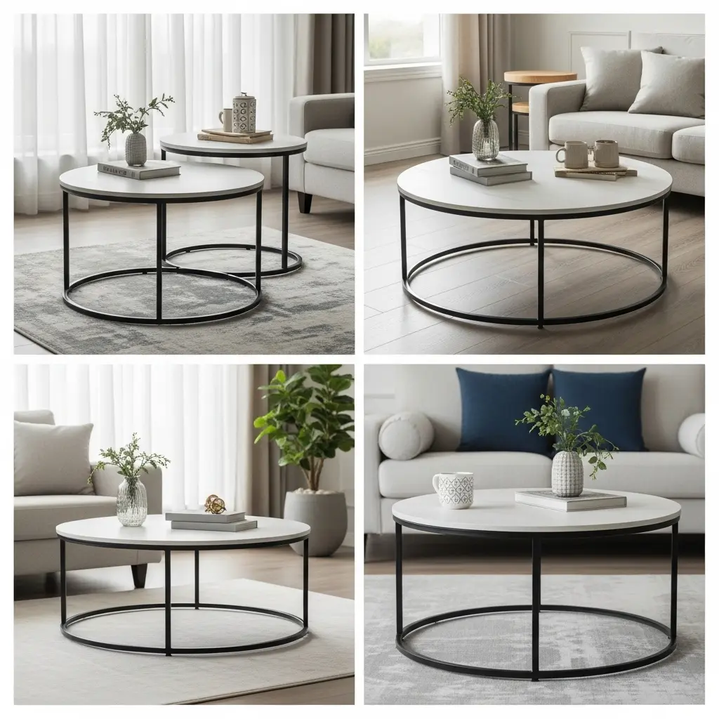 Minimalist round coffee table in a cozy living room setting