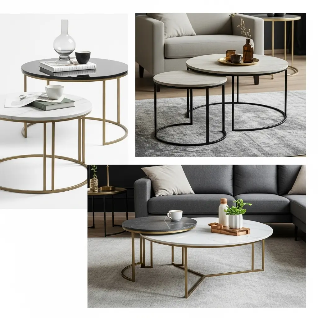 Modern round coffee table with wooden top and metal legs