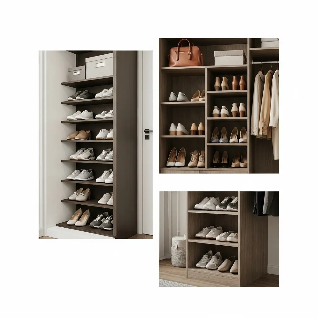 Closet with organized shoe shelf and modern storage design