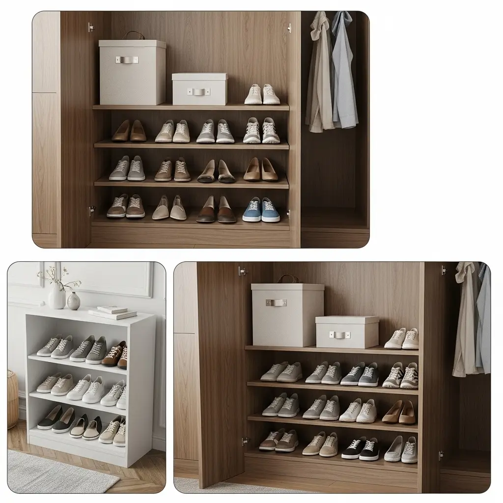 Wooden shoe rack inside a modern closet with multiple shelves