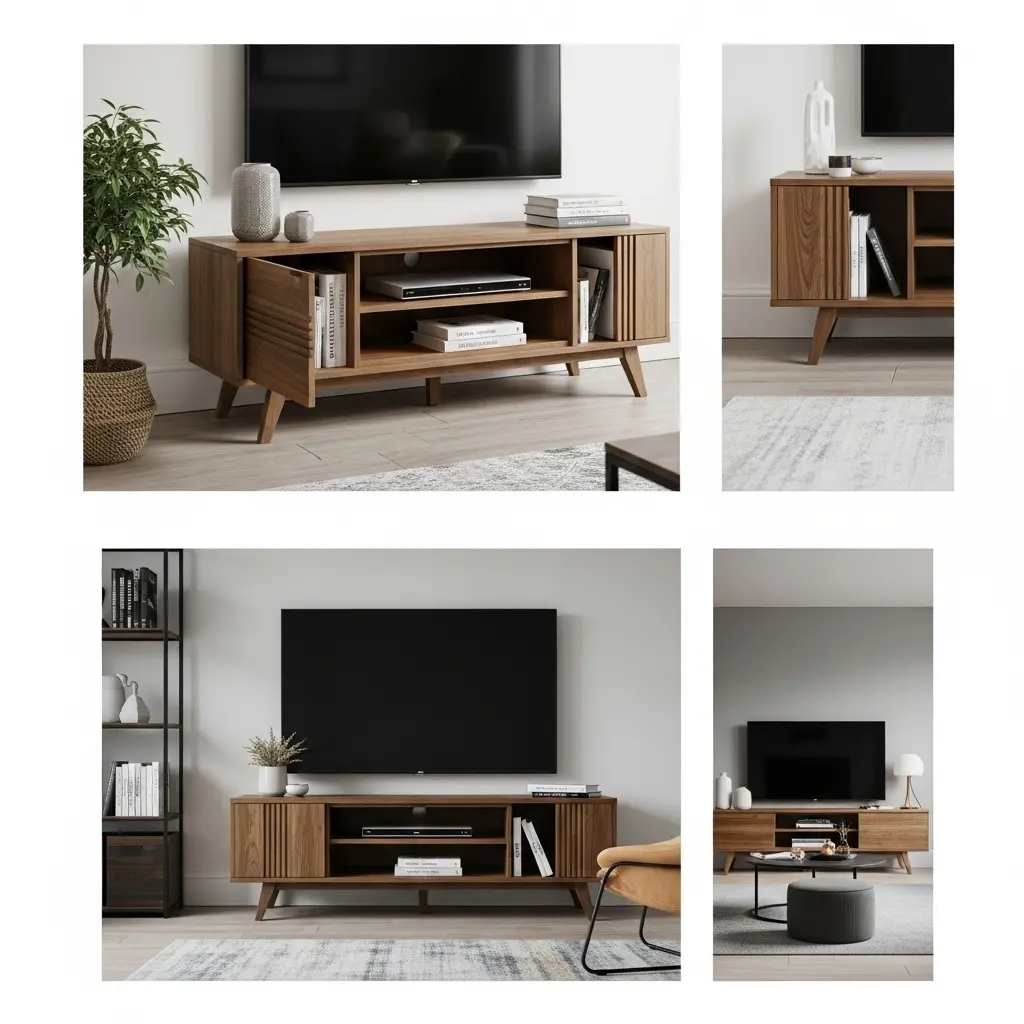 Wooden TV stand with open shelves and drawers for storage