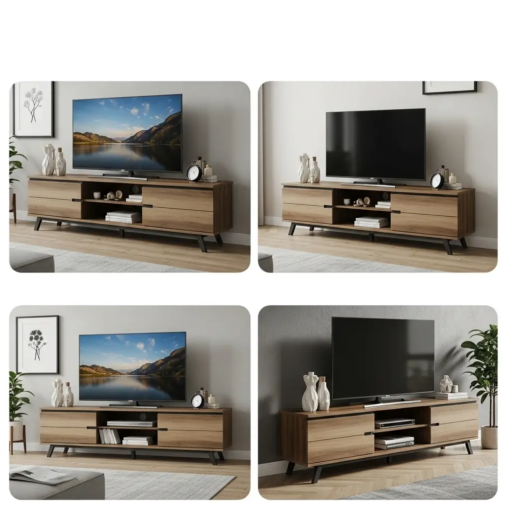 Modern TV stand with storage cabinets and sleek design