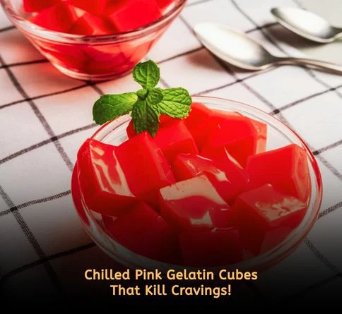 Chilled pink gelatin dessert cubes for weight loss low calorie snack to reduce cravings and support appetite control