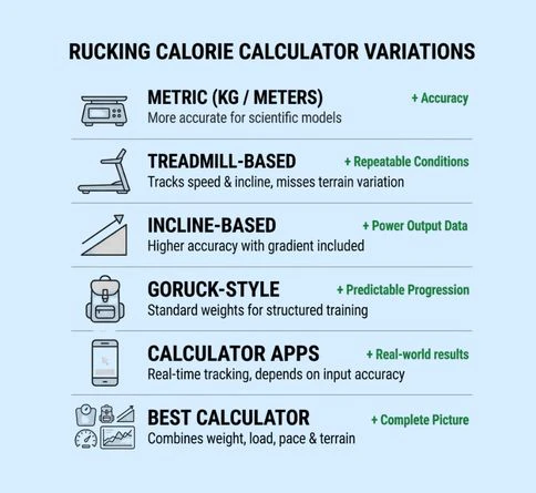 Rucking calorie calculator variations comparing metric, treadmill, incline, and app-based tracking methods