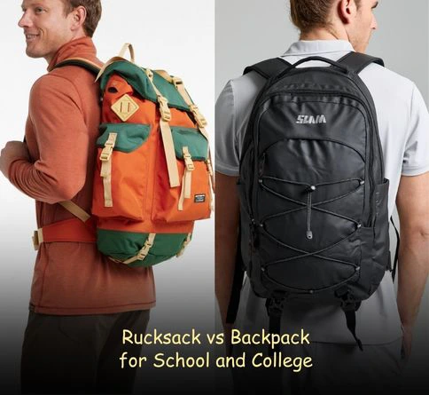 Rucksack vs Backpack for school and college showing backpack with organized compartments for books and laptop vs bulky rucksack with single large compartment