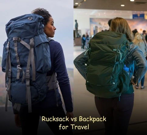 Rucksack vs Backpack for travel showing lightweight backpack with quick-access compartments for airport use and large-capacity rucksack for long trips with bulky gear