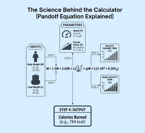 Pandolf equation explained for rucking calorie calculator showing variables like weight, load, speed, and terrain