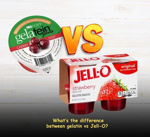 Gelatin vs Jell-O comparison showing pure gelatin powder vs colorful sweetened Jell-O dessert for weight loss clarity