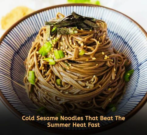 Refreshing chilled sesame soba noodles with cucumber and sesame seeds served in a bowl for an easy summer meal idea