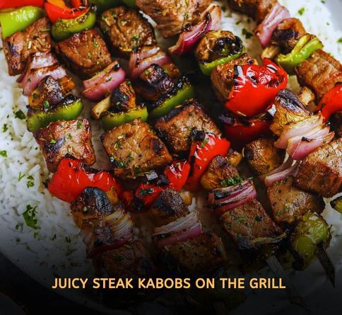 Perfectly grilled steak and onion kabobs with charred edges cooking over hot backyard grill flames
