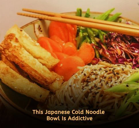 Cold soba noodle bowl with sesame seeds green onions and soy ginger sauce for light summer lunches