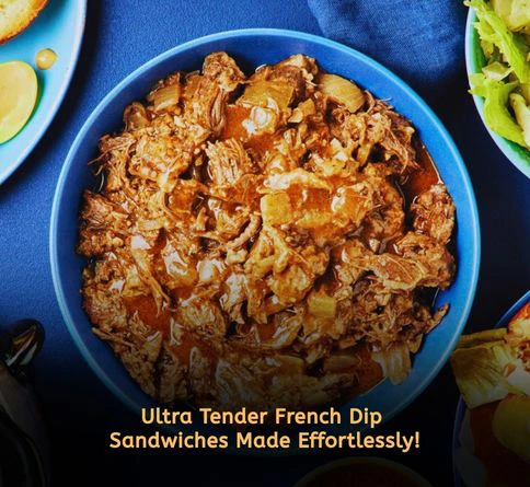 Pulled beef French dip sandwiches with savory au jus dipping sauce and toasted hoagie rolls.