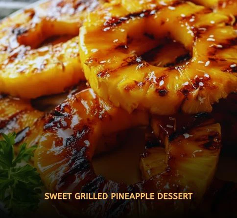 Caramelized pineapple slices grilling over flames with cinnamon and brown sugar during a summer backyard BBQ.
