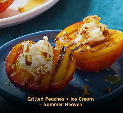 Warm grilled peaches topped with vanilla ice cream and caramelized brown sugar