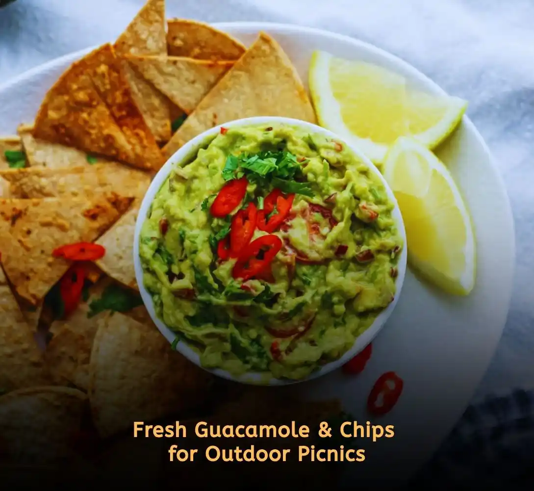 Bowl of guacamole with tortilla chips for easy picnic snack ideas