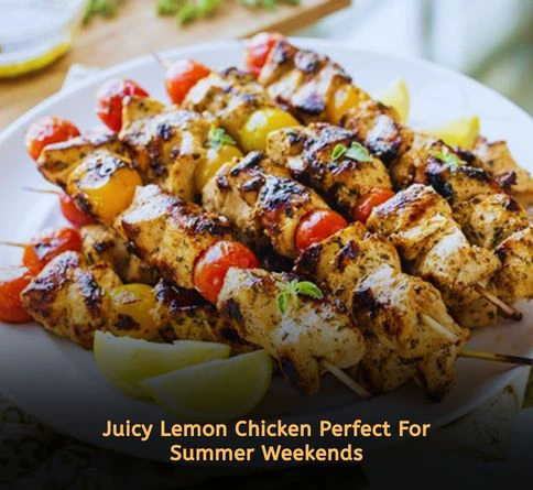 Lemon herb chicken skewers grilled until golden brown for healthy non vegetarian summer lunch ideas