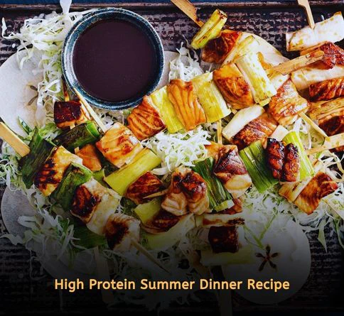 Teriyaki salmon skewers with pineapple and bell peppers grilled for a healthy summer dinner recipe