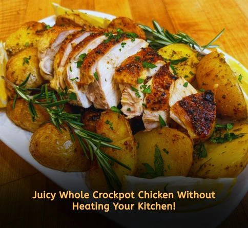 Whole citrus herb chicken cooked in a crockpot with fresh orange slices and rosemary.