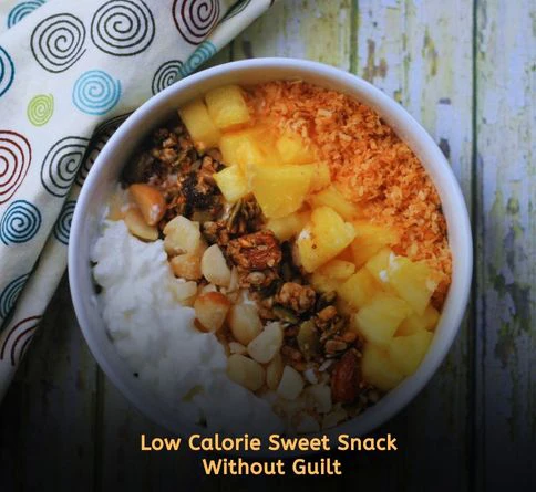 Cottage cheese topped with pineapple chunks for a healthy low calorie dessert snack