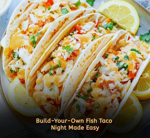 DIY fish taco station with grilled fish cabbage lime and tortillas for summer dinner