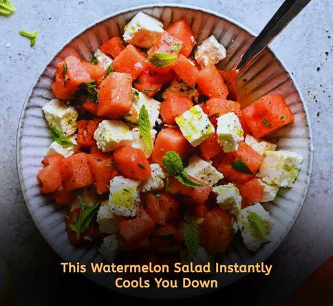 Watermelon feta mint salad with lime juice in a bowl for refreshing hot weather summer lunch ideas