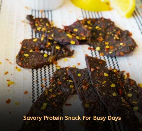 Spicy beef jerky pieces mixed with pumpkin seeds for a healthy savory snack recipe